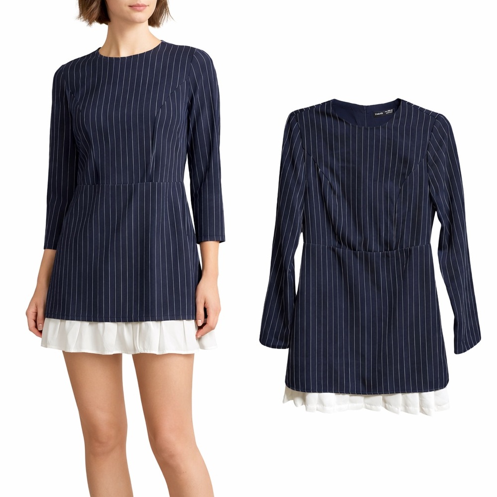 SHEIN Pinstripe Navy Blue Long‎ Sleeve Mini Dress White Trim Woman's Size Small